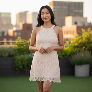 Babaton white lace over pink Halter Mini shift Dress Size 4